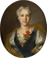 Portrait of Marie-Thérèse Pommyer (born circa 1705), bust-length, wearing a blue velvet dress and white chemise, with a yellow wrap
