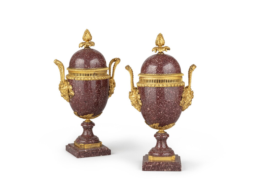 View full screen - View 1 of Lot 17. A pair of red Egyptian porphyry and gilt bronze pot-pourri vases, Louis XVI style, late 19th century | Paire de vases pots-pourris en porphyre rouge d'Egypte et bronze doré de style Louis XVI, fin du XIXe siècle.