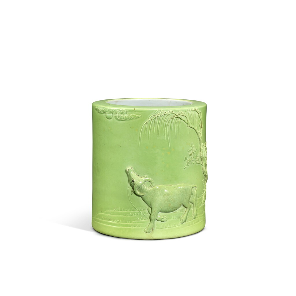 View full screen - View 1 of Lot 9356. An apple green-glazed 'buffalo and farmer' brushpot, Republican period | 民國 蘋果綠釉農耕圖筆筒 《大清道光年製》仿款.