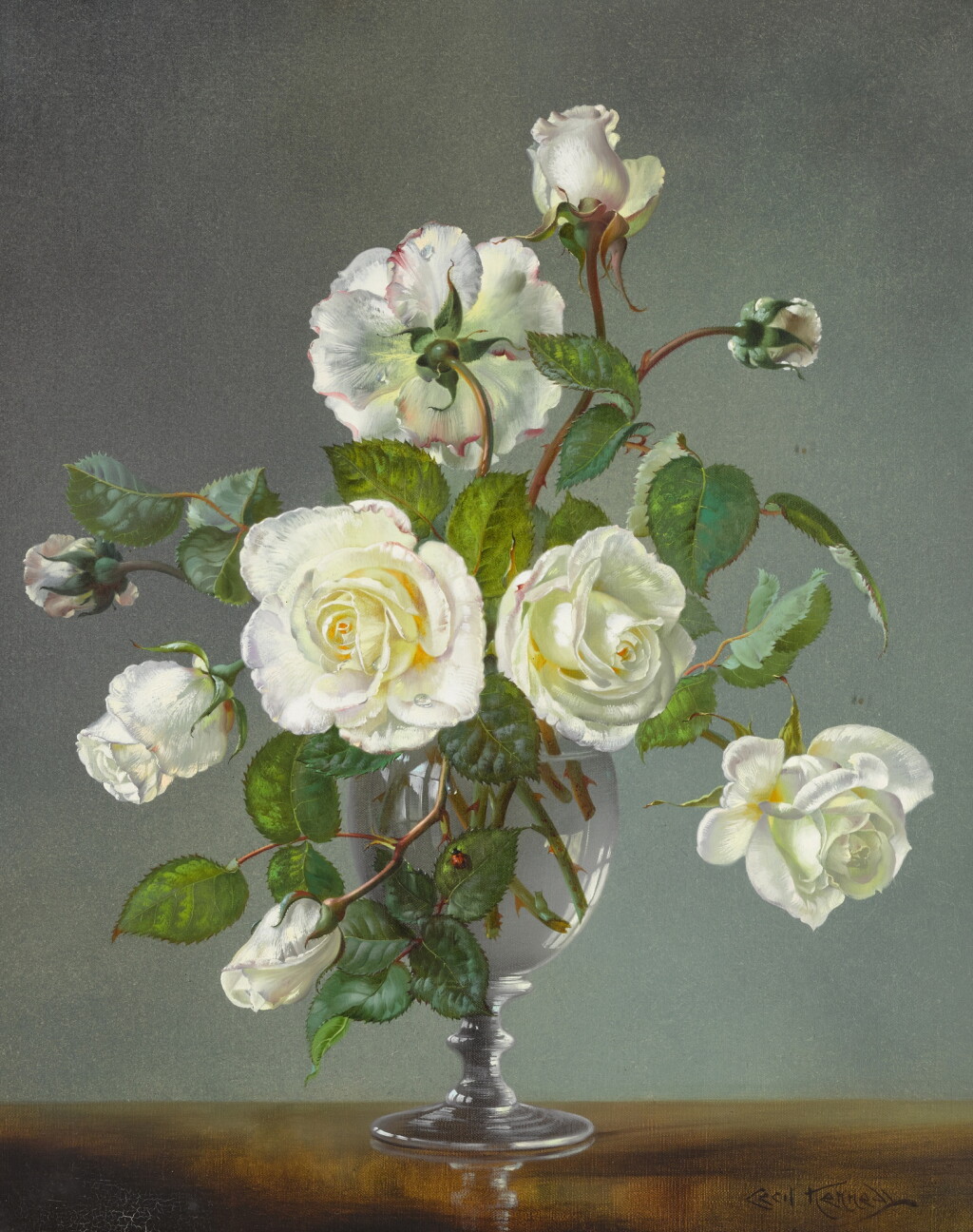 View full screen - View 1 of Lot 408. White roses in a glass vase.