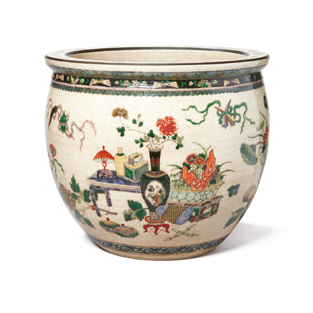 View full screen - View 1 of Lot 1028. A LARGE CRACKLE-GLAZED FAMILLE-VERTE 'HUNDRED ANTIQUES' JARDINIERE, 20TH CENTURY.