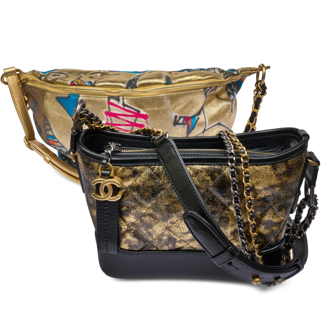 View full screen - View 1 of Lot 72. Set of Two: Gold And Black Metallic Quilted Calfskin Gabrielle Hobo Small, 2018 and Canvas Gold and Multicolor Graffiti Print Crossbody, 2019.