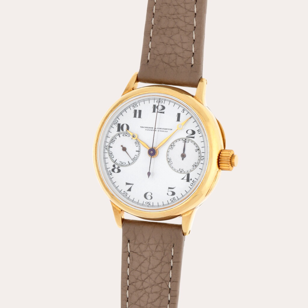 View full screen - View 1 of Lot 8. Reference 3307 | A yellow gold mono-pusher chronograph wristwatch made for King Alexander I of Yugoslavia | Made in 1927.