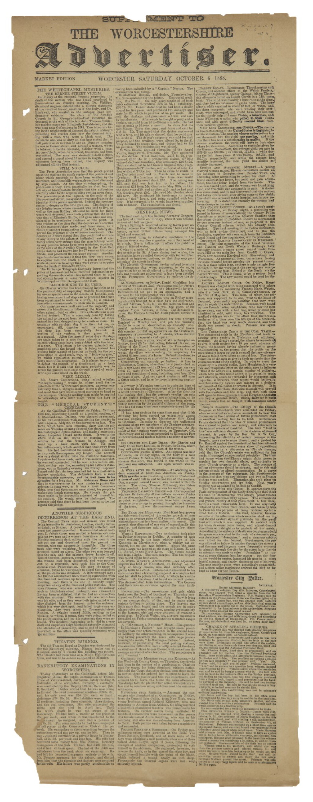 View full screen - View 1 of Lot 55. (JACK THE RIPPER) | Extensive coverage of Jack the Ripper in Supplement to the Worcestershire Advertiser, Market Edition. Worcester, Saturday October 6, 1888.