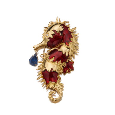 View full screen - View 1 of Lot 534. Gold, Enamel, Sapphire and Diamond Brooch.