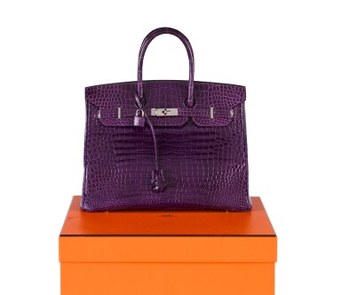 View full screen - View 1 of Lot 3. BIRKIN SHINY AMETHYST POROSUS CROCODILE 35 WITH PALLADIUM HARDWARE. HERMÈS, 2008 .