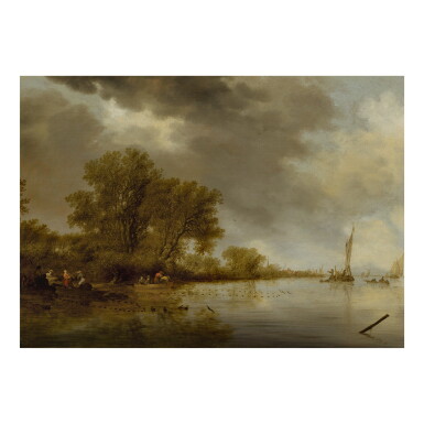 View full screen - View 1 of Lot 6. River landscape with fishermen tending their nets along a bank.
