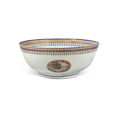 View full screen - View 1 of Lot 1079. A Rare Chinese Export Blue Enamel, Gilt and Grisaille-Decorated 'Delaware River' Punch Bowl, Qing Dynasty, Jiaqing Period, Circa 1800.