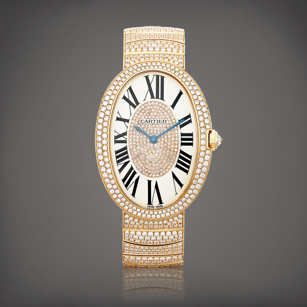 View full screen - View 1 of Lot 2122. Baignoire, Reference 3033 A pink gold and diamond-set bracelet watch, Circa 2012 | 卡地亞 | Baignoire 型號3033 | 粉紅金鑲鑽石鏈帶腕錶,約2012年製.