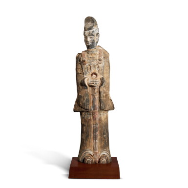 View full screen - View 1 of Lot 720. A painted pottery figure of an official, Northern Wei dynasty | 北魏 陶加彩侍俑.