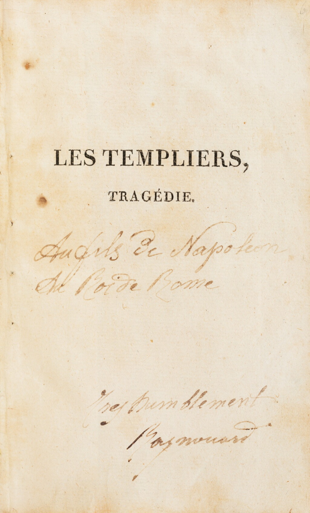View full screen - View 1 of Lot 33. Les Templiers. Paris, 1806. In-8. Cartonnage de l'ép. Exemplaire du roi de Rome..