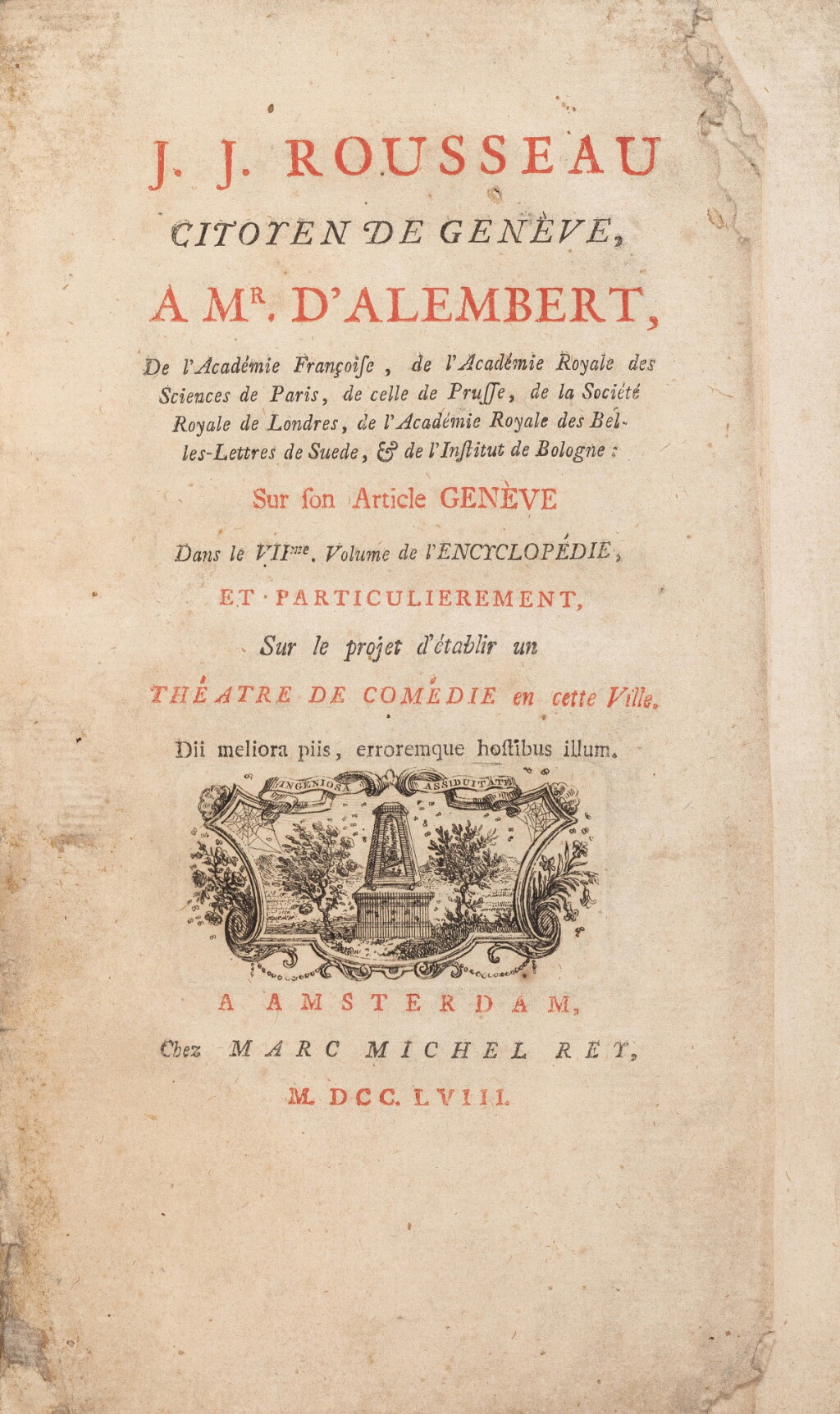 View full screen - View 1 of Lot 27. Rousseau citoyen de Genève à M. d'Alembert. Amsterdam, 1758. In-8. Broché, emboîtage. Édition originale..