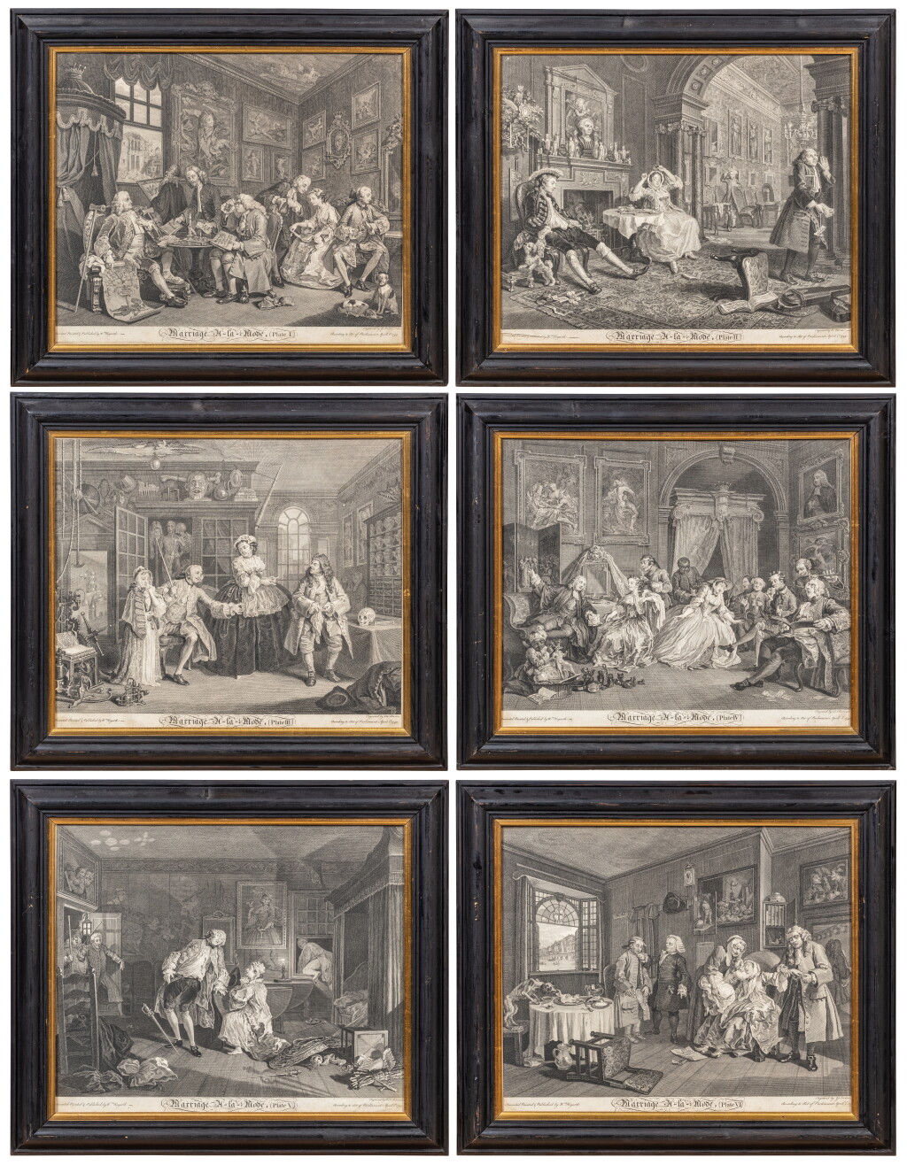 View full screen - View 1 of Lot 810. A set of six engravings after William Hogarth's Marriage A-la-Mode, originally published 1745.