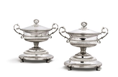 View full screen - View 1 of Lot 49. A pair of German silver circular soup tureens on stands, Gottlob Ludwig Howaldt, Berlin, circa 1825,.