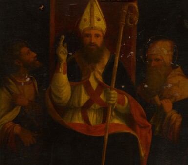 View full screen - View 1 of Lot 118. Saint Augustine enthroned with Saint Anthony Abbot and another saint.