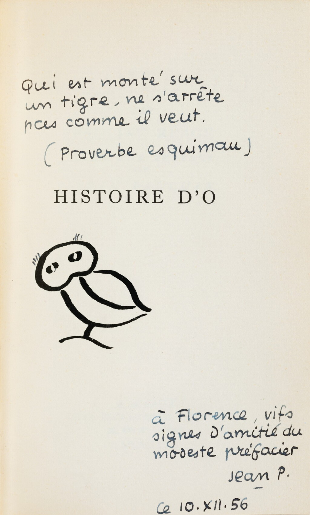 View full screen - View 1 of Lot 212. Histoire d'O. Sceaux, Pauvert, 1954. EO. Exemplaire de Florence Jay Gould avec envoi de Paulhan.