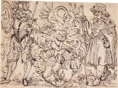 View full screen - View 1 of Lot 94. Design for an elaborate coat of arms with the pelican feeding her chicks, supported by a pilgrim and a landesknecht.