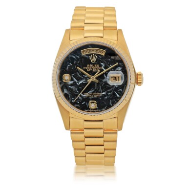 View full screen - View 1 of Lot 406. DAY-DATE, REF 18038 YELLOW GOLD AND DIAMOND-SET WRISTWATCH WITH DAY, DATE, BRACELET AND AMMONITE DIAL CIRCA 1979.