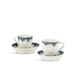 Two St Cloud porcelain cups and trembleuse saucers, circa 1730
