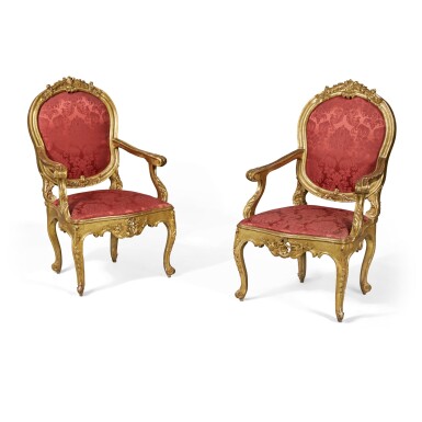 View full screen - View 1 of Lot 28. A Pair of Italian Rococo Giltwood Armchairs, Rome, Mid-18th Century.