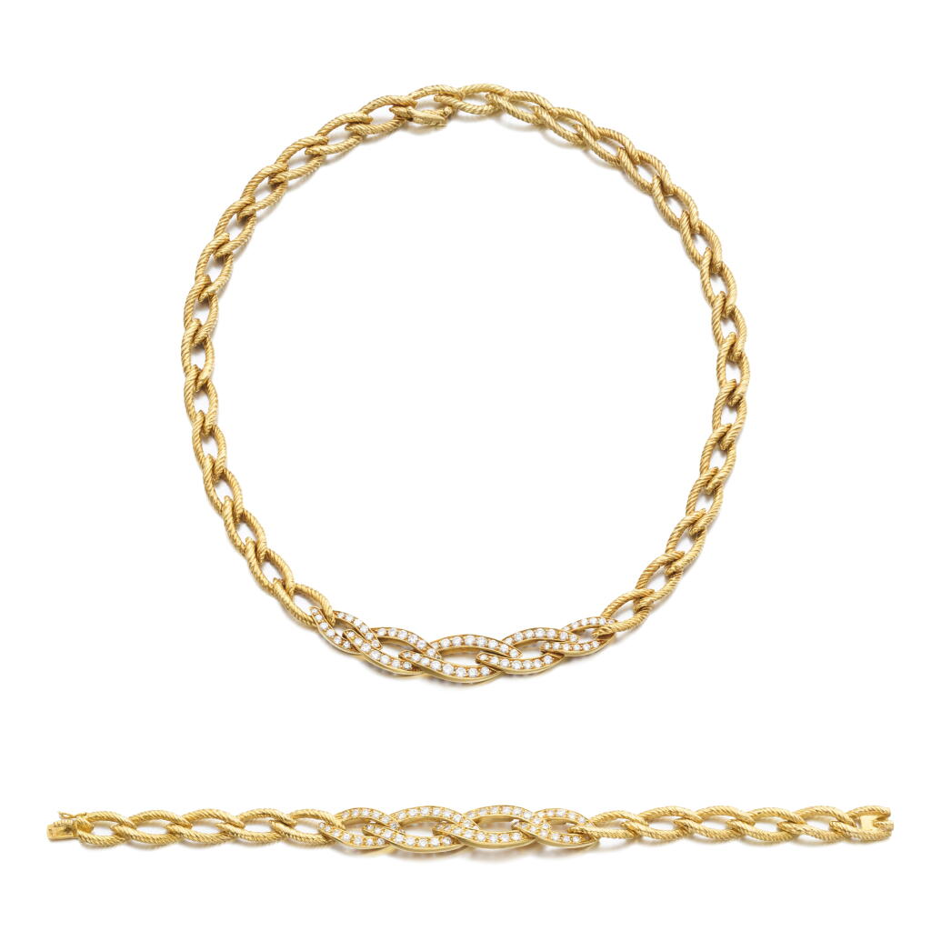 View full screen - View 1 of Lot 736. Gold and diamond demi-parure, circa 1970.