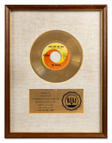 View full screen - View 1 of Lot 14. The Beatles | Gold record presented for "Can't Buy Me Love".