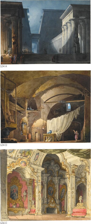 View full screen - View 1 of Lot 124. GIOVANNI ZUCCARELLI | FOUR SET DESIGNS: A) A STAGE DESIGN FOR SEMIRAMIDE B) A THEATRICAL SET DESIGN OF A CASTLE C) A BAROQUE ROOM D) A THEATRICAL SET DESIGN FOR AN INTERIOR OF CINDERELLA.