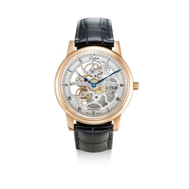 View full screen - View 1 of Lot 357. GLASHÜTTE | SENATOR, REFERENCE 1-49-18-01-05-30, A PINK GOLD SKELETONIZED WRISTWATCH, CIRCA 2019.
