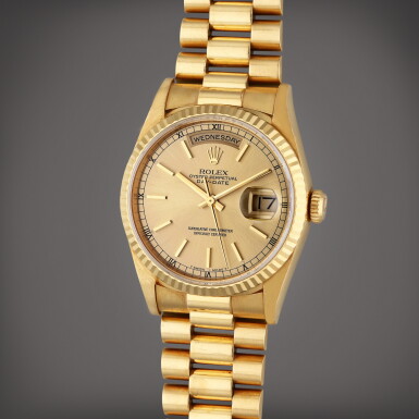View full screen - View 1 of Lot 419. Reference 18238 Day-Date | A yellow gold automatic wristwatch with day, date, and bracelet, Circa 1996.