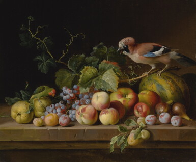 View full screen - View 1 of Lot 719. Jakob Bogdány | A STILL LIFE OF MELONS, APPLES, PEACHES, PLUMS, FIGS, GRAPES, AND VINES ON A STONE LEDGE WITH A JAY AND PARROT.