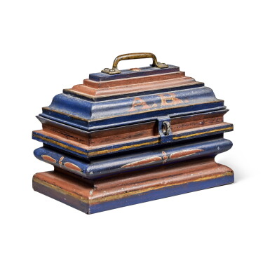 View full screen - View 1 of Lot 334. Blue, Red and Yellow Paint-Decorated Molded Tinned Sheet Iron Document Box, 19th century.