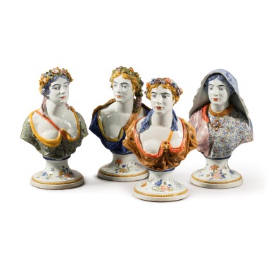 View full screen - View 1 of Lot 698. A set of French faience busts emblematic of the Four Seasons, 19th Century, probably Rouen.