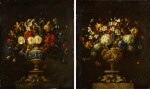 A pair of floral still lifes, in lapis and bronze vases on stone plinths | 《靜物畫一對:石基座上的青銅鑲青金石瓶花》