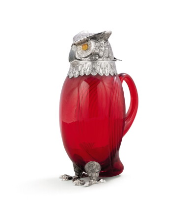 View full screen - View 1 of Lot 53. A red glass owl decanter with silver head, neck, and feet, Cartier, Paris, 20th century.