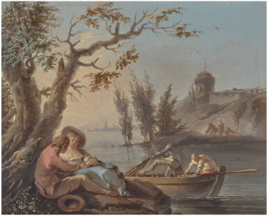 View full screen - View 1 of Lot 30. STUDIO OF CLAUDE-JOSEPH VERNET | A COUPLE EMBRACING BENEATH A TREE, NEAR A CALM WATERWAY WITH FIGURES IN A BOAT, AND A ROCKY SHORE BEYOND.