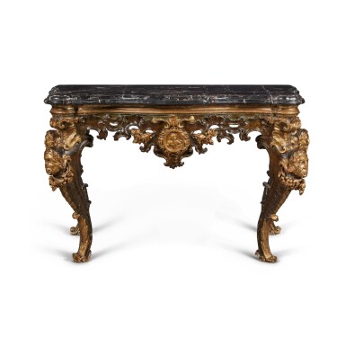 View full screen - View 1 of Lot 260. An Italian Rococo Carved, Painted, and Parcel Gilt Console Table, Mid-18th Century.