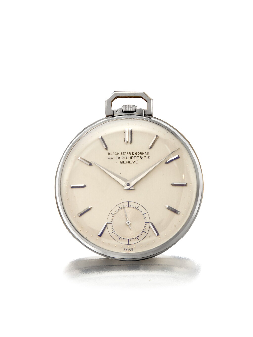 View full screen - View 1 of Lot 57. Retailed by Black, Starr & Gorham: A platinum open faced watch, Circa 1940 百達翡麗 鉑金懷錶,1940年製,零售商為Black, Starr & Gorham.