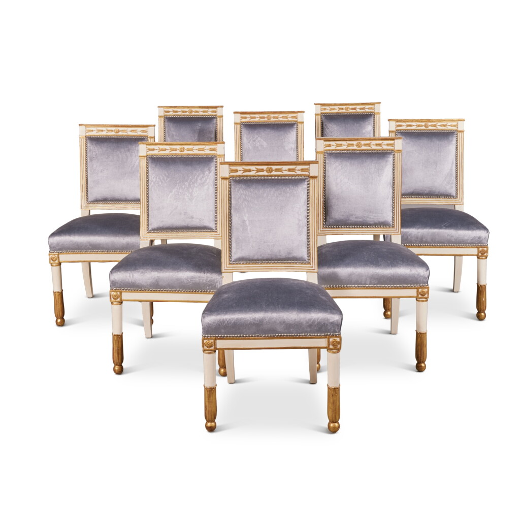 View full screen - View 1 of Lot 551. A Set of Eight Restauration Parcel-Gilt and Cream Painted Side Chairs, Circa 1820.