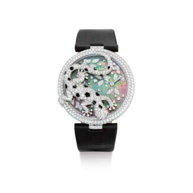 View full screen - View 1 of Lot 2057. CARTIER | LE CIRQUE ANIMALIER DE CARTIER, REFERENCE 3329, A LIMITED EDITION WHITE GOLD, ONYX AND DIAMOND-SET WRISTWATCH WITH MOTHER-OF-PEARL DIAL, CIRCA 2011 | 卡地亞 | "Le Cirque Animalier De Cartier 型號3329 限量版白金鑲瑪瑙及鑽石腕錶,備珠母貝錶盤,錶殼編號20/50,約2011年製".