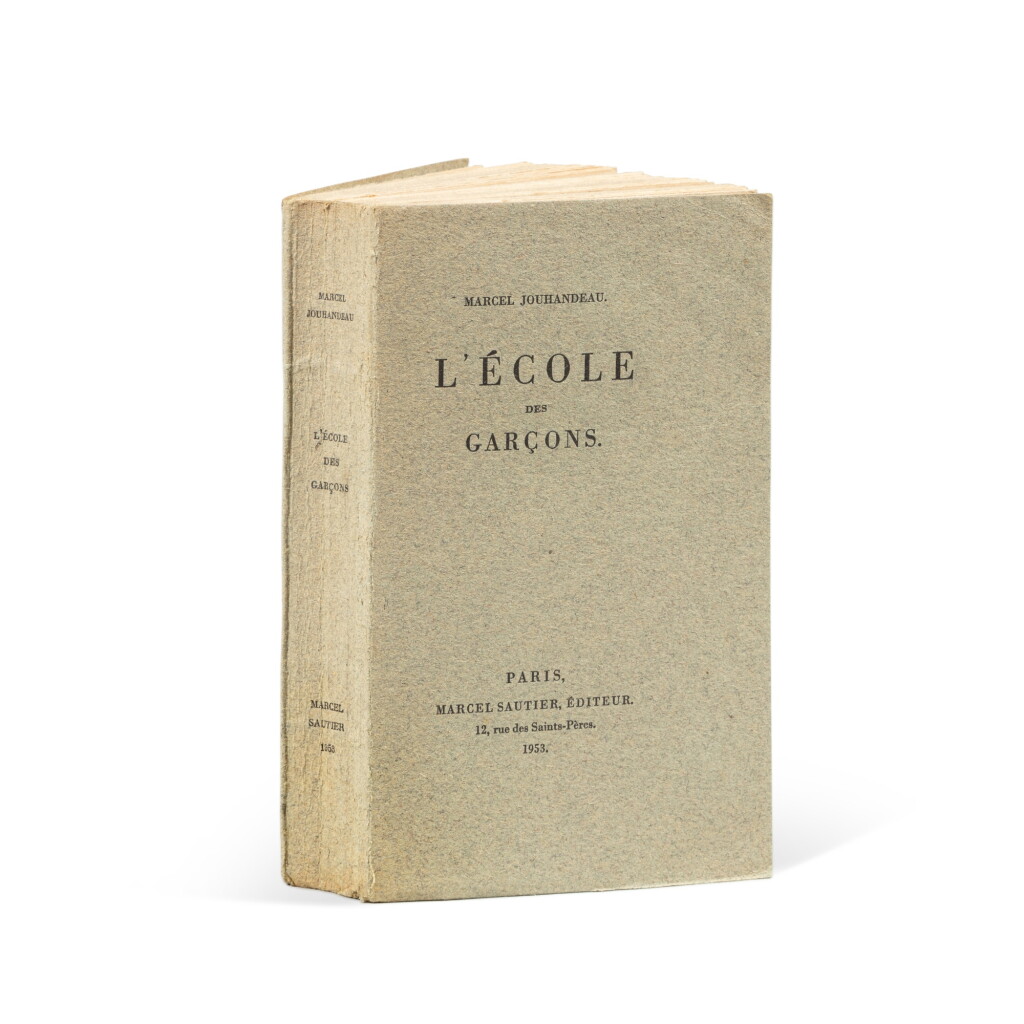 View full screen - View 1 of Lot 187. L'École des garçons. Paris, 1953. Édition originale. Exemplaire de l'auteur, avec deux notes autographes. Enrichi de photographies et de cartes postales du jeune Robert Coquet..