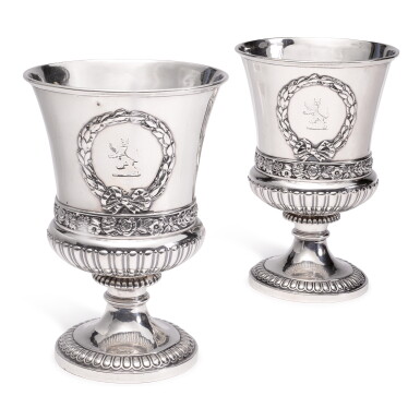 View full screen - View 1 of Lot 134. A PAIR OF GEORGE IV SILVER GOBLETS, PAUL STORR, LONDON, 1822.