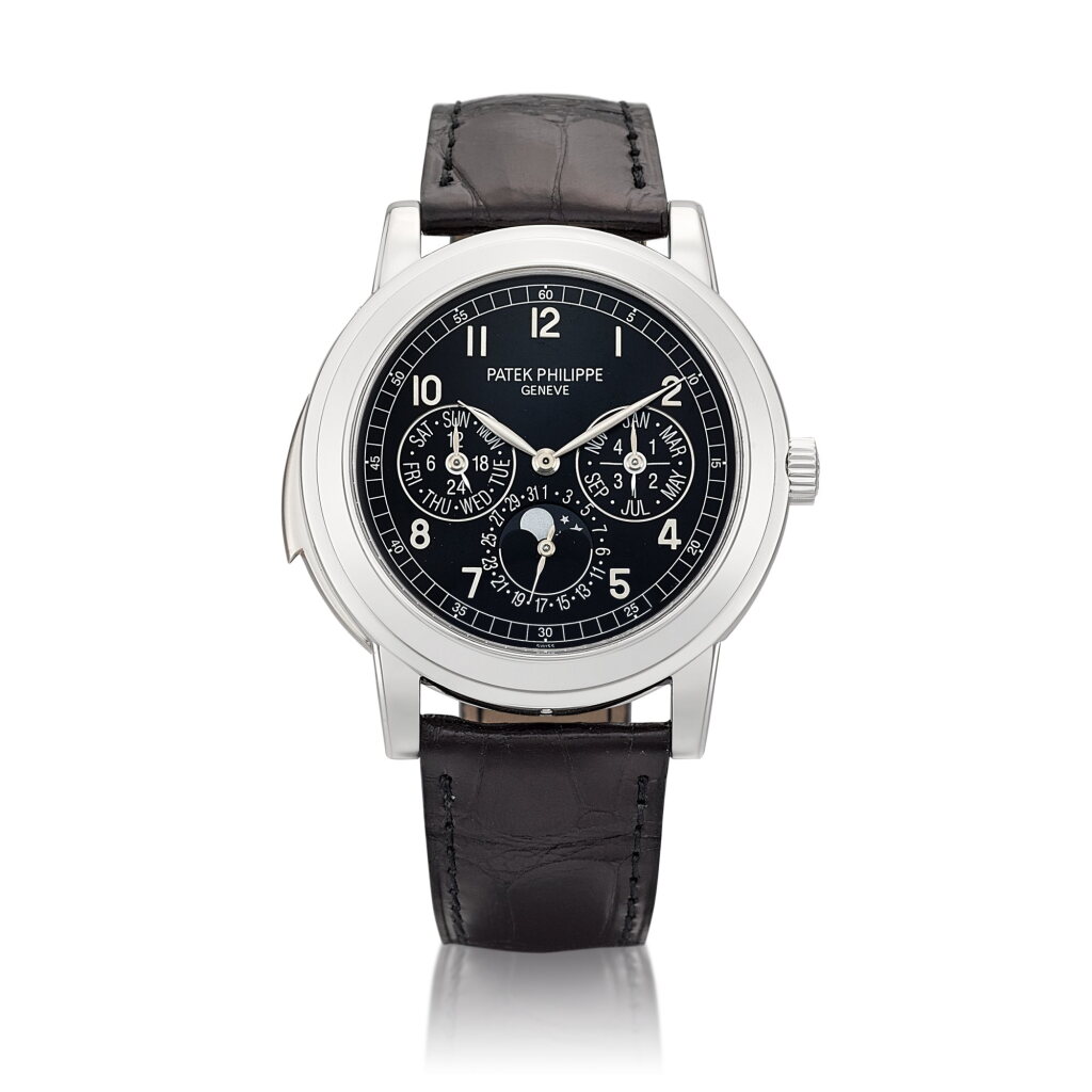 View full screen - View 1 of Lot 8001. Reference 5074 | A platinum minute repeating perpetual calendar wristwatch with cathedral gongs, day, date, moon phases, 24 hours and leap year indication, Circa 2011 | 百達翡麗 | 型號5074| 鉑金三問萬年曆腕錶,備大教堂音簧、日期、星期、月相、24小時及閏年顯示,約2011年製.