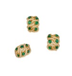 Emerald and Diamond Ring and Pair of Earclips, France