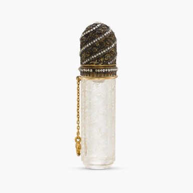 View full screen - View 1 of Lot 70. Rock Crystal, Enamel and Diamond Scent Bottle .