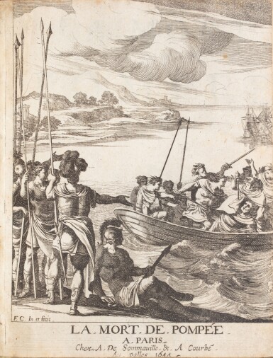 View full screen - View 1 of Lot 24. La Mort de Pompée. Paris, Sommaville, Courbé, 1644. In-4. Ex. en édition originale, en vélin de l'époque..