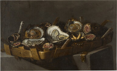 View full screen - View 1 of Lot 659. Still life with oysters, sea urchins and other shellfish in a basket on a stone ledge.