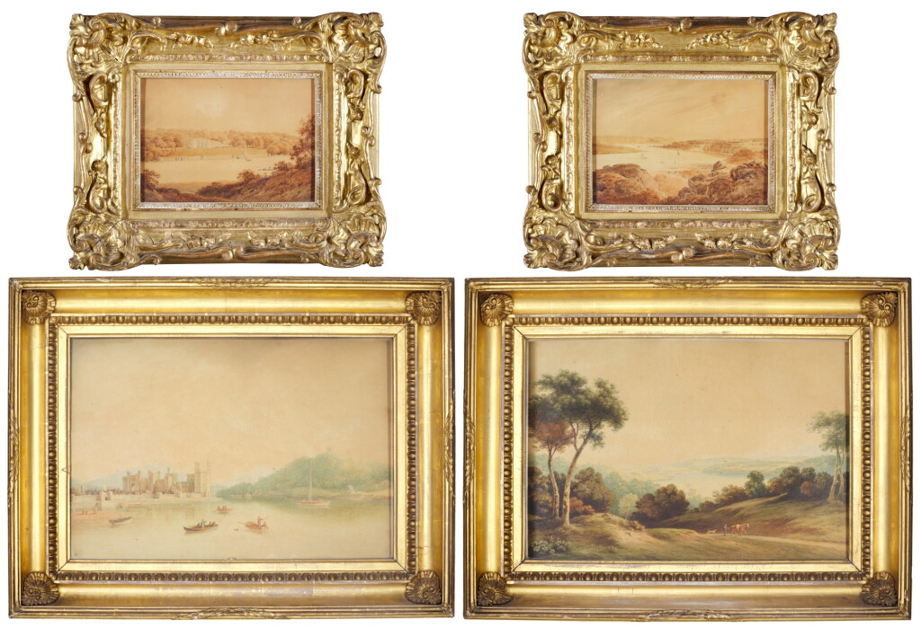 View full screen - View 1 of Lot 16. Four landscapes, including a view of Plas Newydd another of Caernarfon Castle.