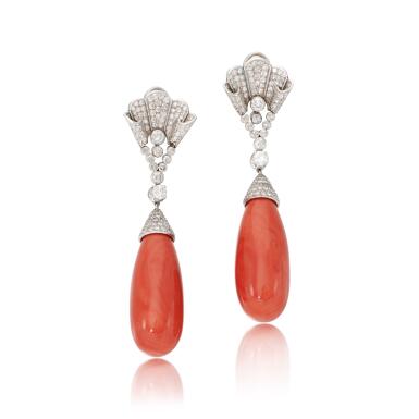 View full screen - View 1 of Lot 242. Pair of coral and diamond pendant ear clips | Paio di orecchini pendenti in corallo e diamanti .