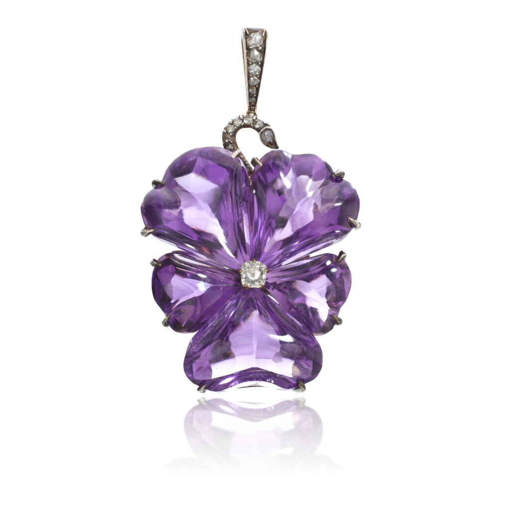 View full screen - View 1 of Lot 1017. Amethyst and diamond pendant, circa 1880 and a collection of amethyst jewels.