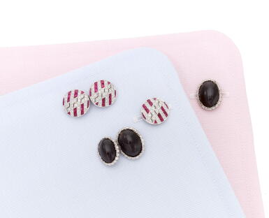 View full screen - View 1 of Lot 163. A pair of black tourmaline and diamond cufflinks and a pair of ruby and diamond cufflinks (Un paio di gemelli in tormalina nera e diamanti e un paio di gemelli con rubini e diamanti).